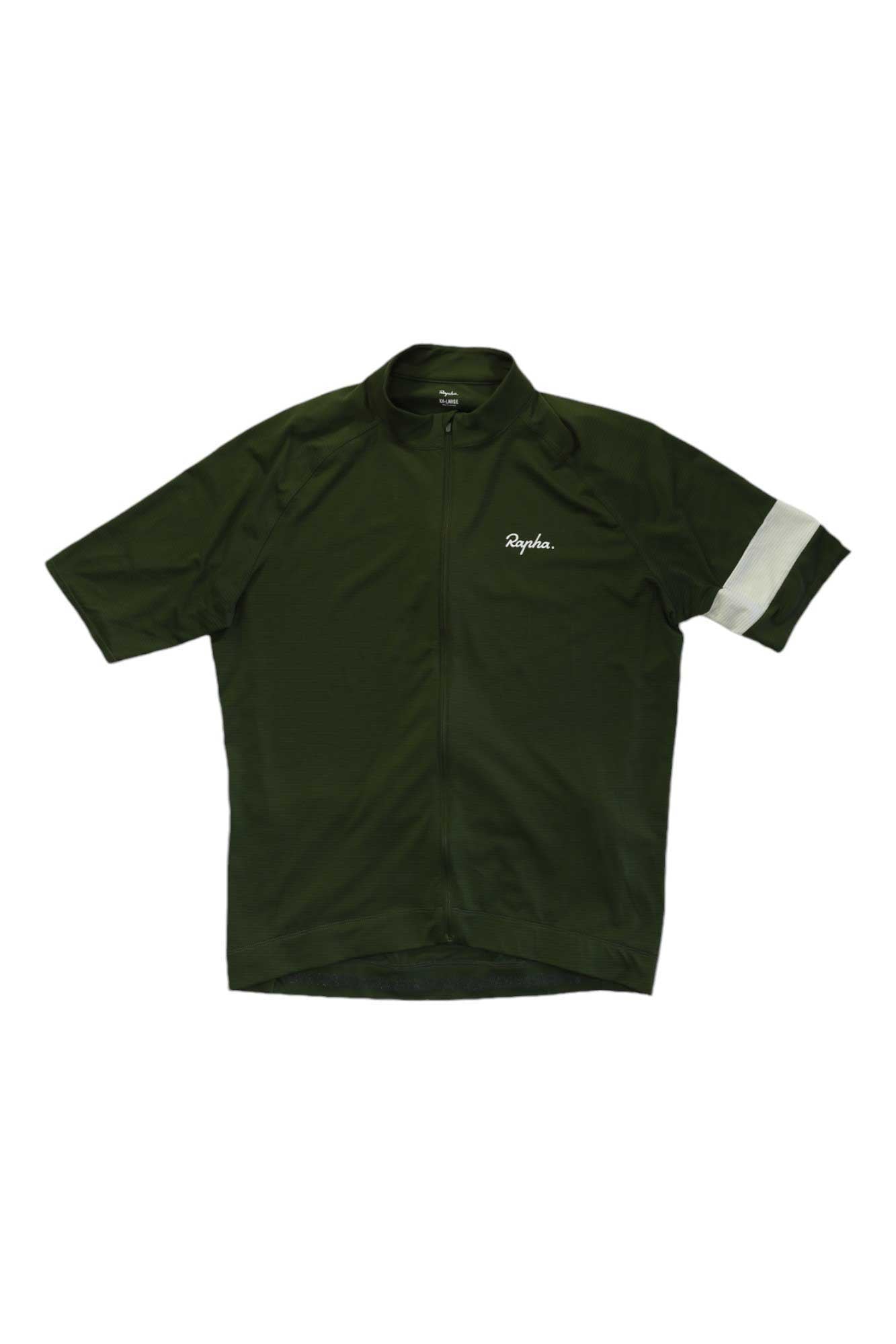 The Rapha Mens Core Lightweight Jersey features short sleeves, a front zipper, dark green color, white left sleeve stripe, and chest logo—ideal for staying cool and comfortable on your rides.