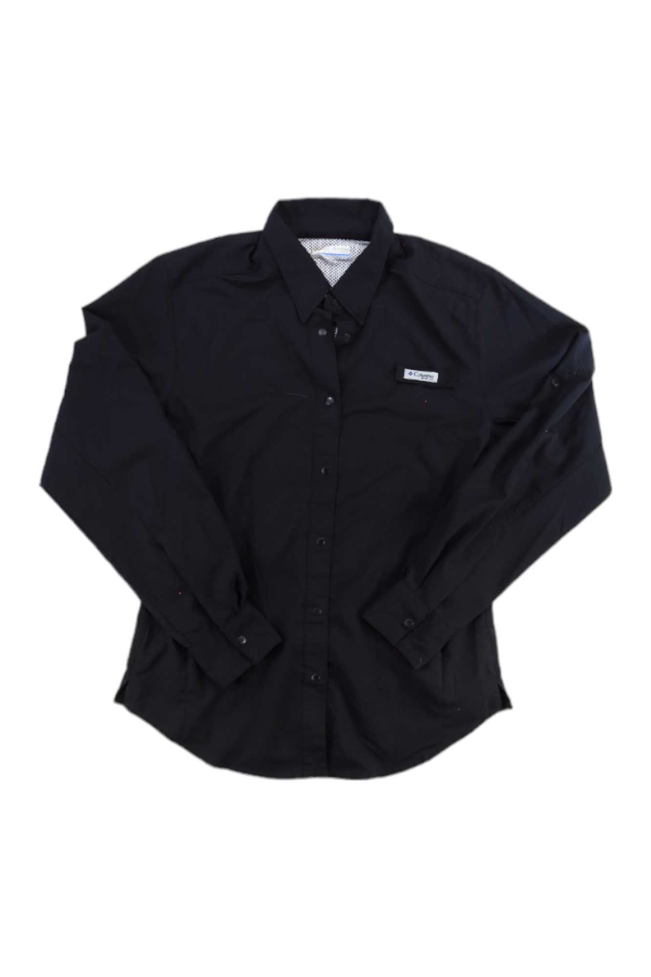 The Columbia Womens PFG Tamiami II Long Sleeve Shirt, a black button-up fishing shirt with a collar and logo patch on the upper left chest, is moisture wicking and shown laid flat on a white background.