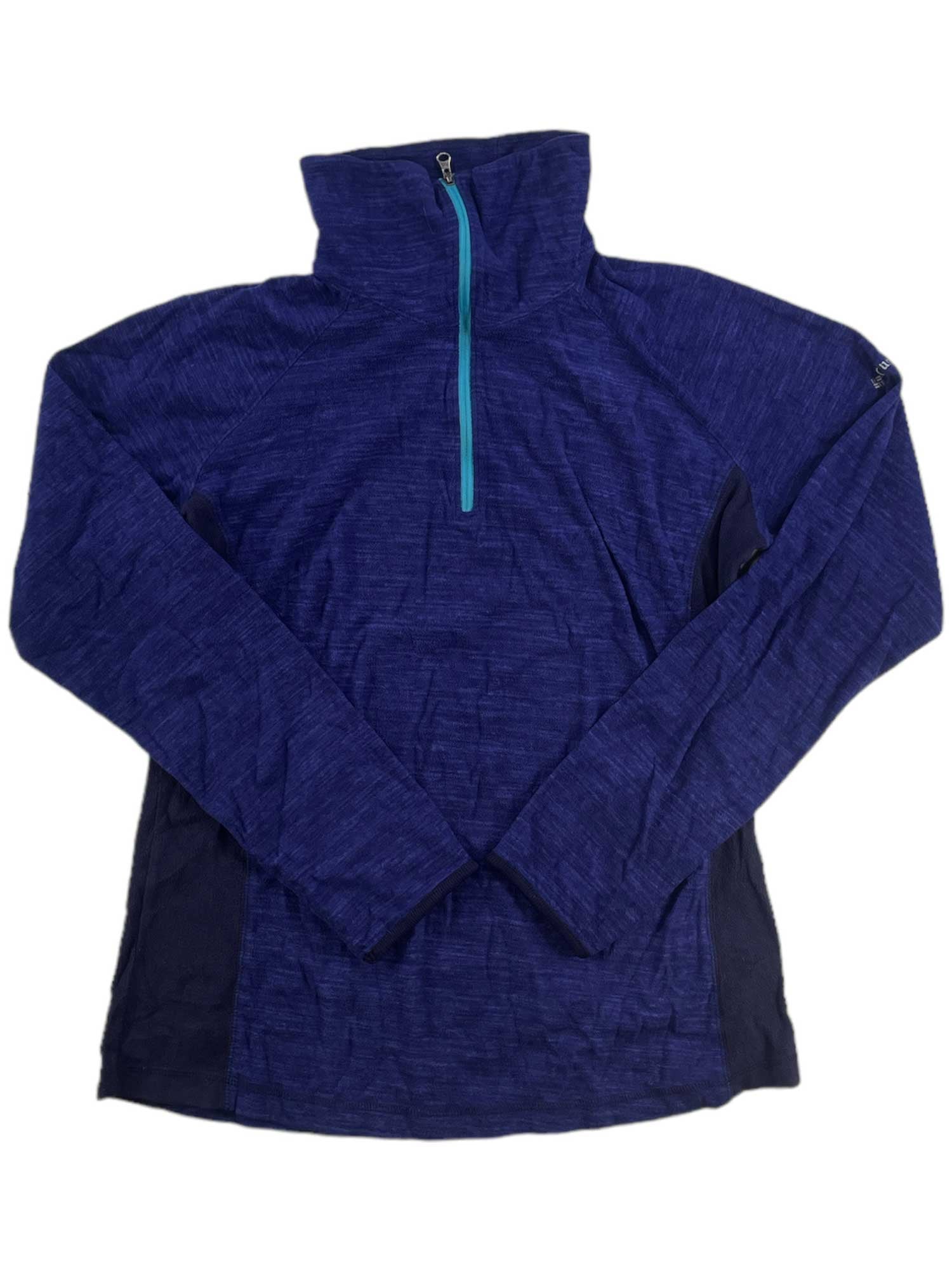 The Womens Glacial Fleece III 1/2 Zip is a long-sleeved, dark blue Columbia pullover with a high collar and light blue half-zipper, perfect as a microfleece jacket for cold weather, displayed flat on a white background.