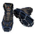 The Snowline Chainsen Pro Crampon is a metal chain and spike traction device, fitted over brown and black hiking boots with the Camp Line logo, designed to provide grip on icy or snowy surfaces.