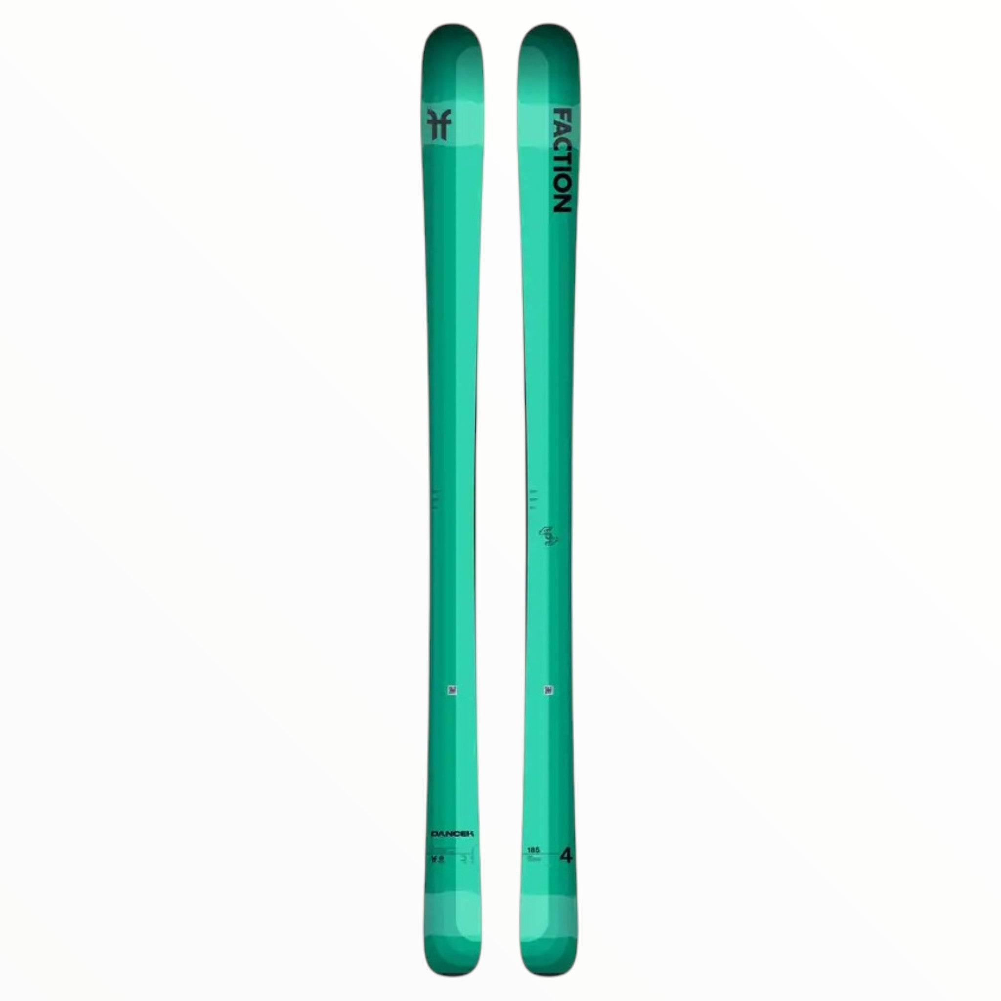 The Faction Dancer 4 Skis - 2023 are teal fat-skis with a modern, minimalist design and visible branding near the top, shown side by side on a white background. Perfect for deep snow and big-mountain adventures.