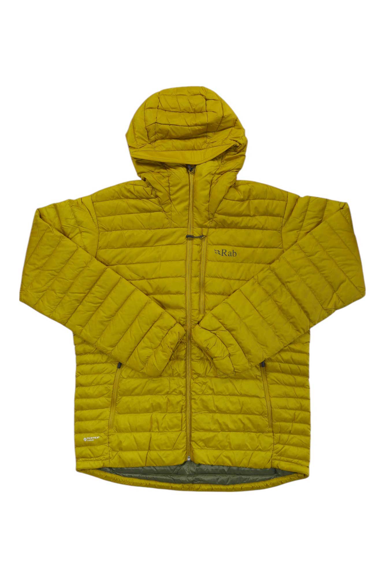 Men's yellow hooded puffer jacket with full-zip and quilted baffles; Rab logo on chest.