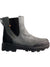 Bogs Womens Holly Chelsea Leather Boot in gray suede features black elastic side panels, a black heel pull tab, and a rugged black rubber sole. This eco-friendly women's footwear is shown in a side view on a white background.