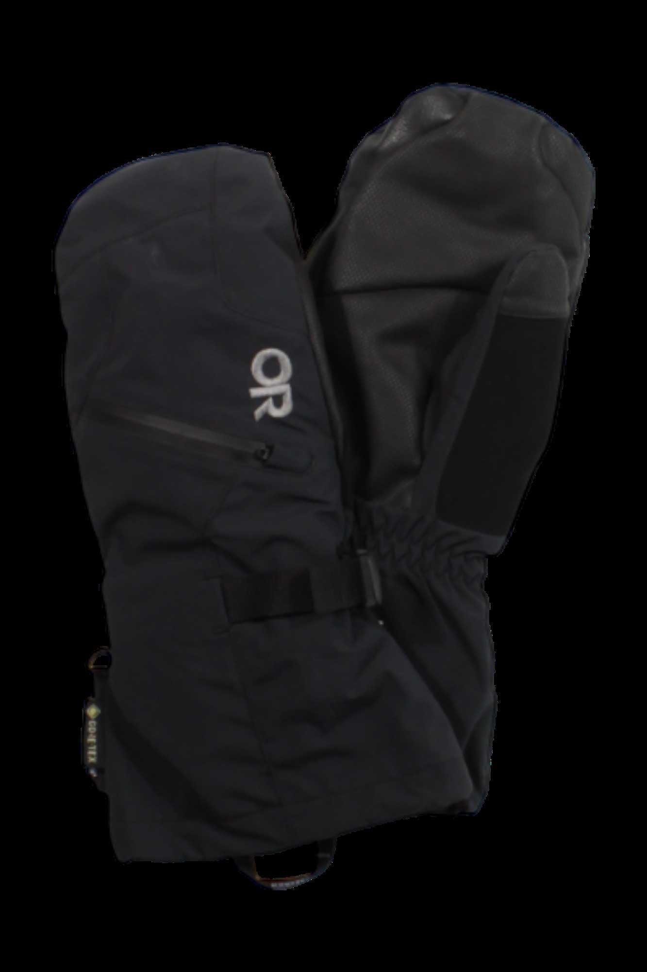 Dark waterproof mittens with OR logo and padded knuckle area, elastic wrist cuffs