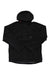 The Topo Designs Mens Mountain Parka is a black, hooded hiking jacket with long sleeves, front zipper and buttons, two front pockets, and red hood drawstrings. This stylish waterproof parka is shown on a white background.