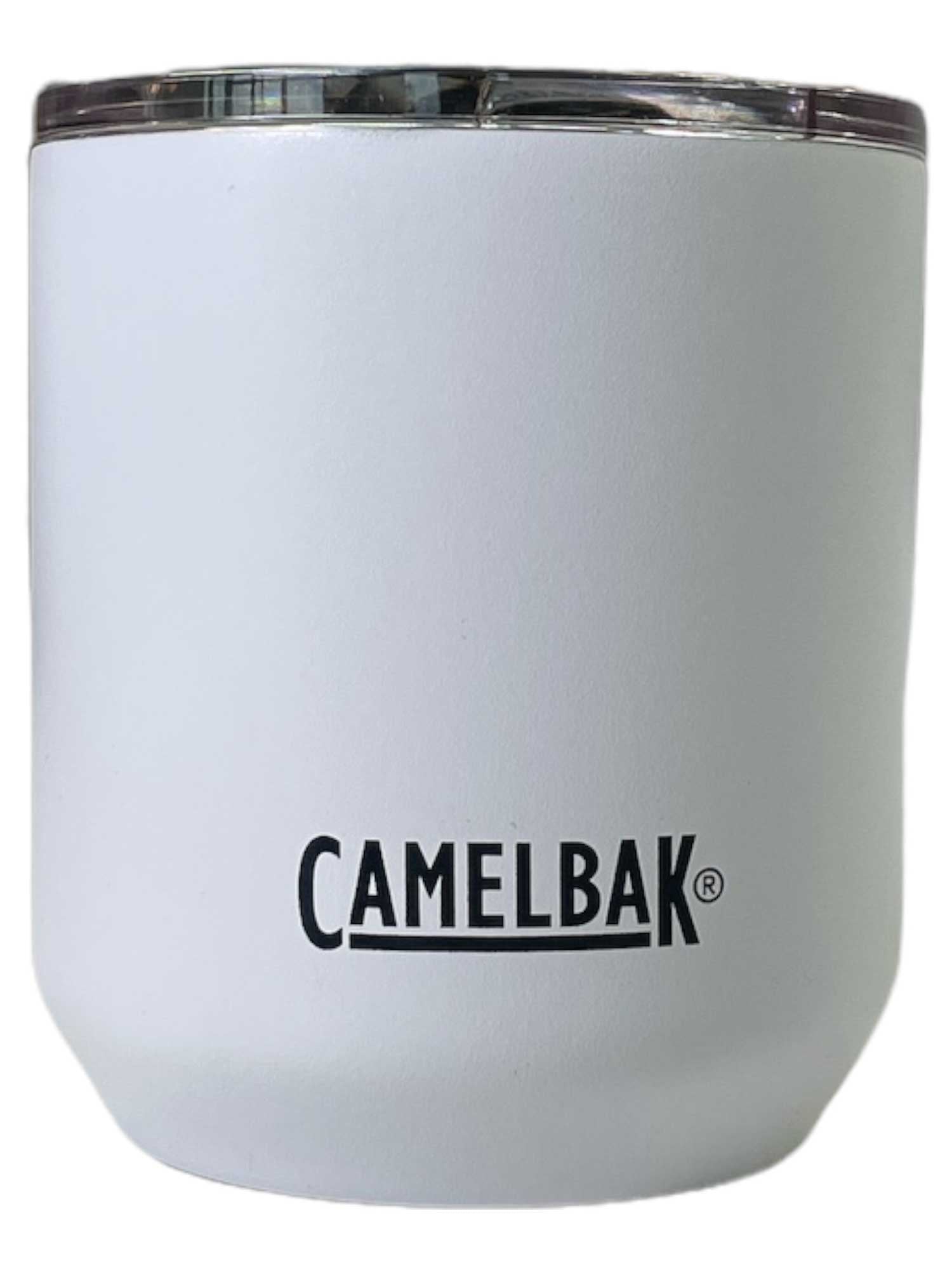 The CamelBak SST Vacuum Insulated 10oz Rocks Tumbler is white, with a clear spill-resistant lid and the CamelBak logo in black on the front.