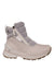 Women’s winter boot with padded collar, light gray upper and cream trim