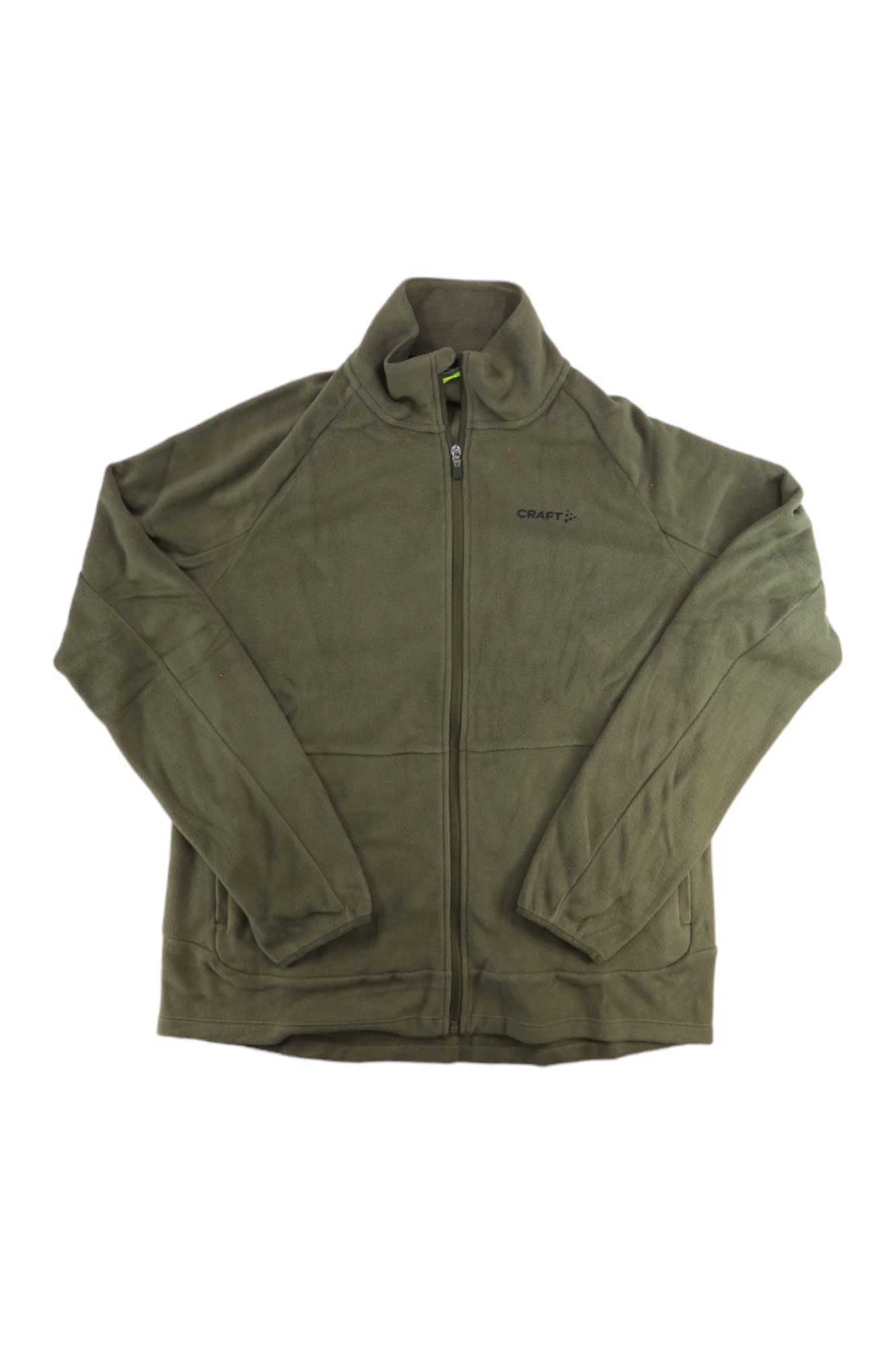 The Craft Sportswear Men's Adv Fleece Midlayer Jacket is an olive green zip-up with long sleeves, a stand collar, and two side pockets. CRAFT is embroidered on the left chest, making it a versatile men's thermal layer for outdoor activities.