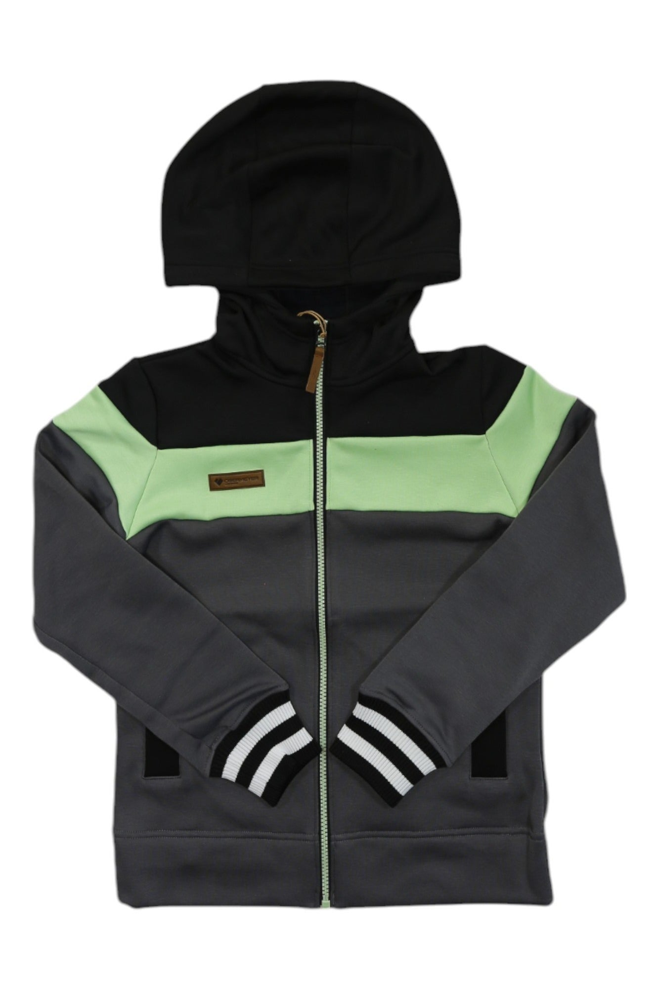 The Obermeyer Boys' Lucas Fleece Hoodie features black, gray, and mint green color blocks, striped cuffs, a brown chest patch, long sleeves, and front pockets—ideal for kids' outdoor adventures on chilly days.