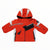 Boys hooded formation jacket in red with gray and black panels; front zipper