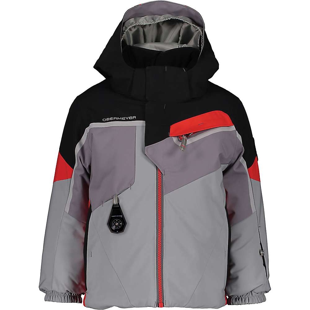 Boys hooded formation jacket in gray and black with red accents; front zipper