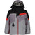 Boys hooded formation jacket in gray and black with red accents; front zipper