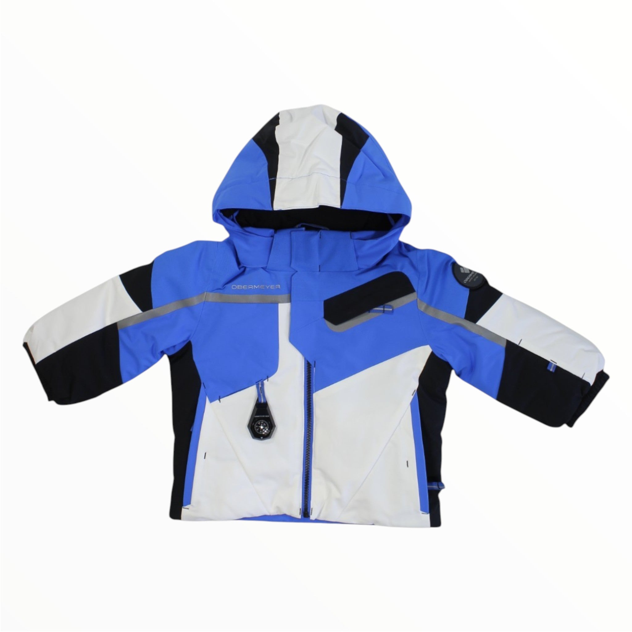 Boys hooded formation jacket in blue, white, and black; front zipper and pockets