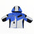 Boys hooded formation jacket in blue, white, and black; front zipper and pockets