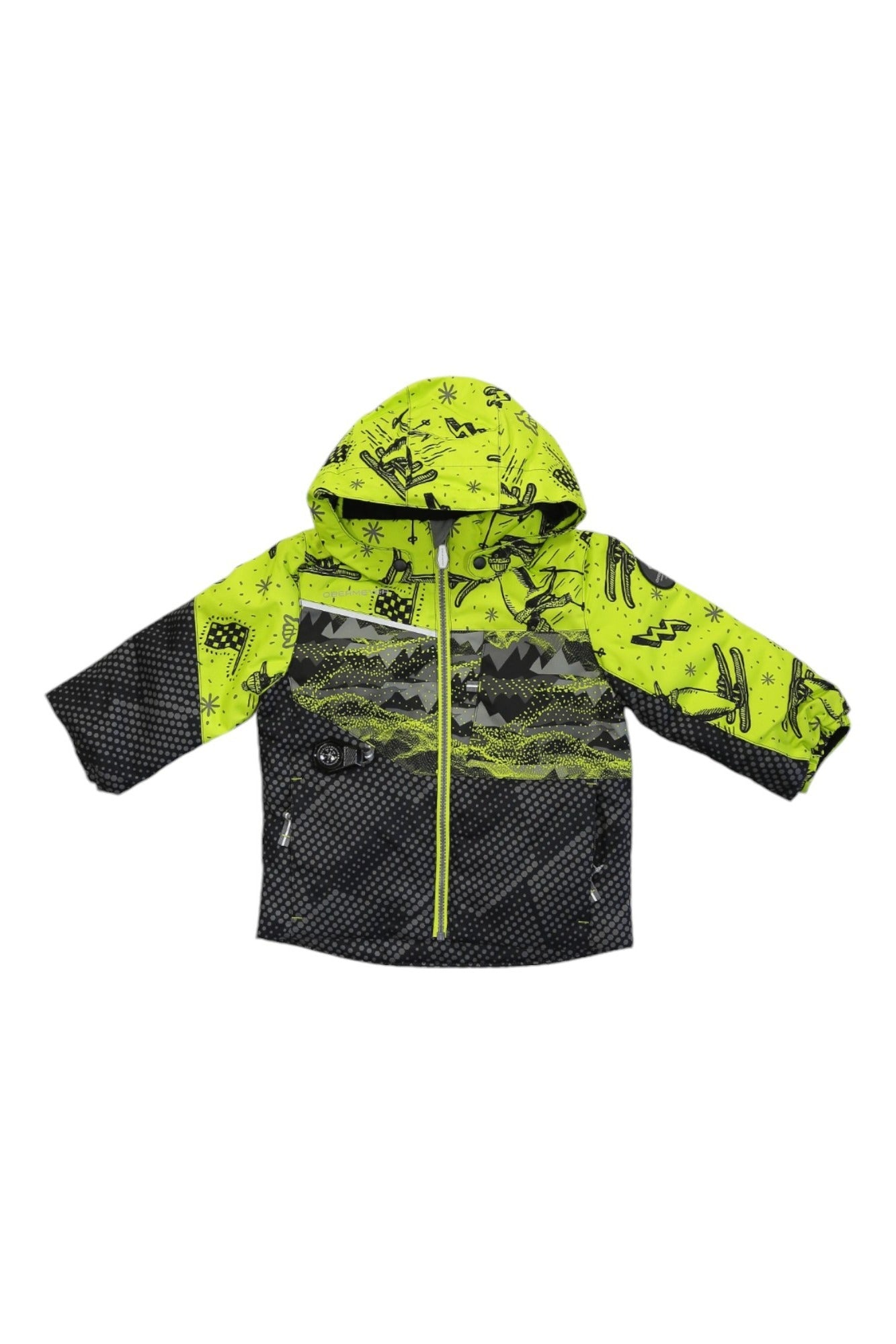 The Obermeyer Boys Altair Jacket is a waterproof snowsports jacket in bright yellow and black with mountain, airplane, and polka dot designs. It features a front zipper, two zippered pockets, and a cozy hood.