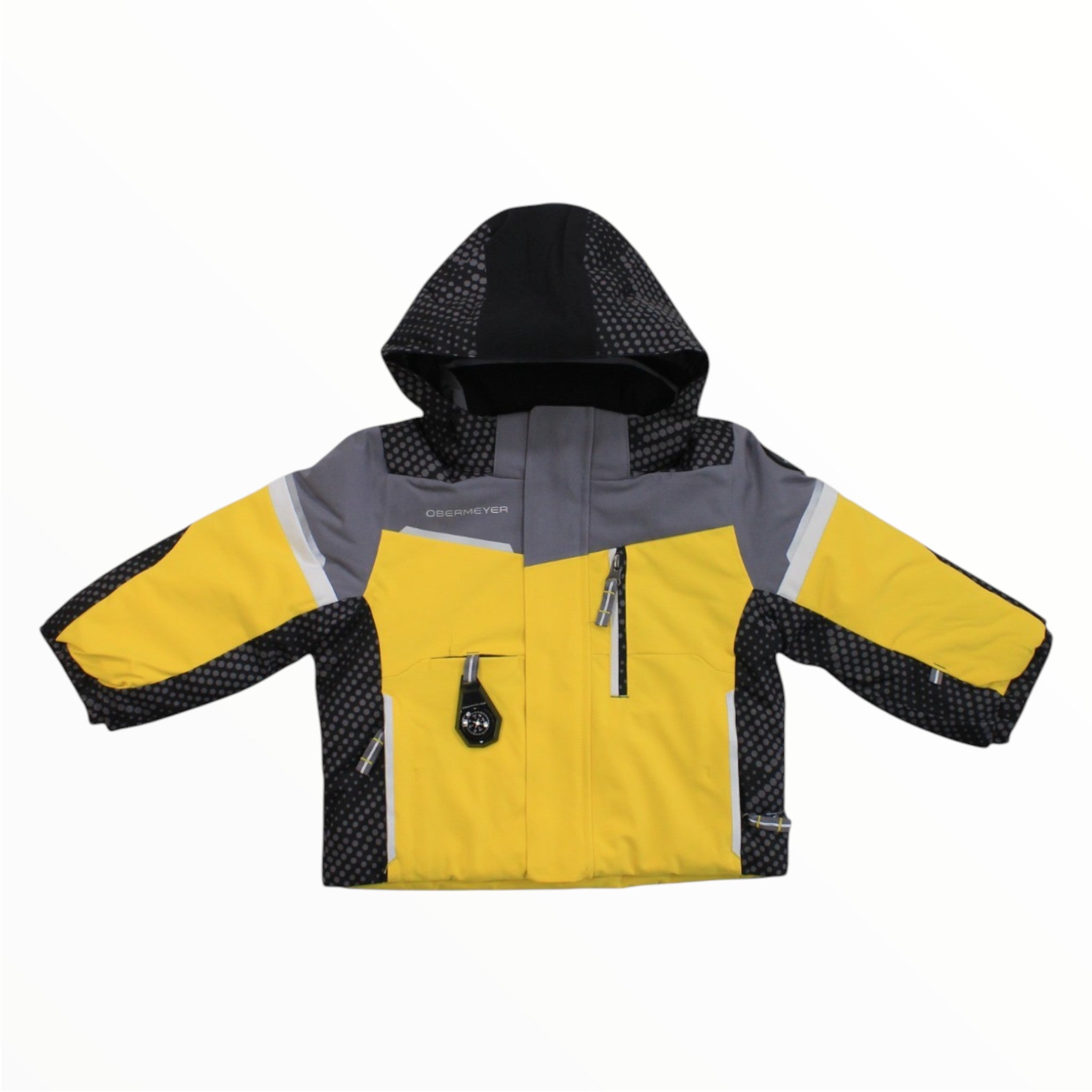 Boys hooded formation jacket in yellow, gray, and black; front zipper and pockets