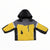 Boys hooded formation jacket in yellow, gray, and black; front zipper and pockets