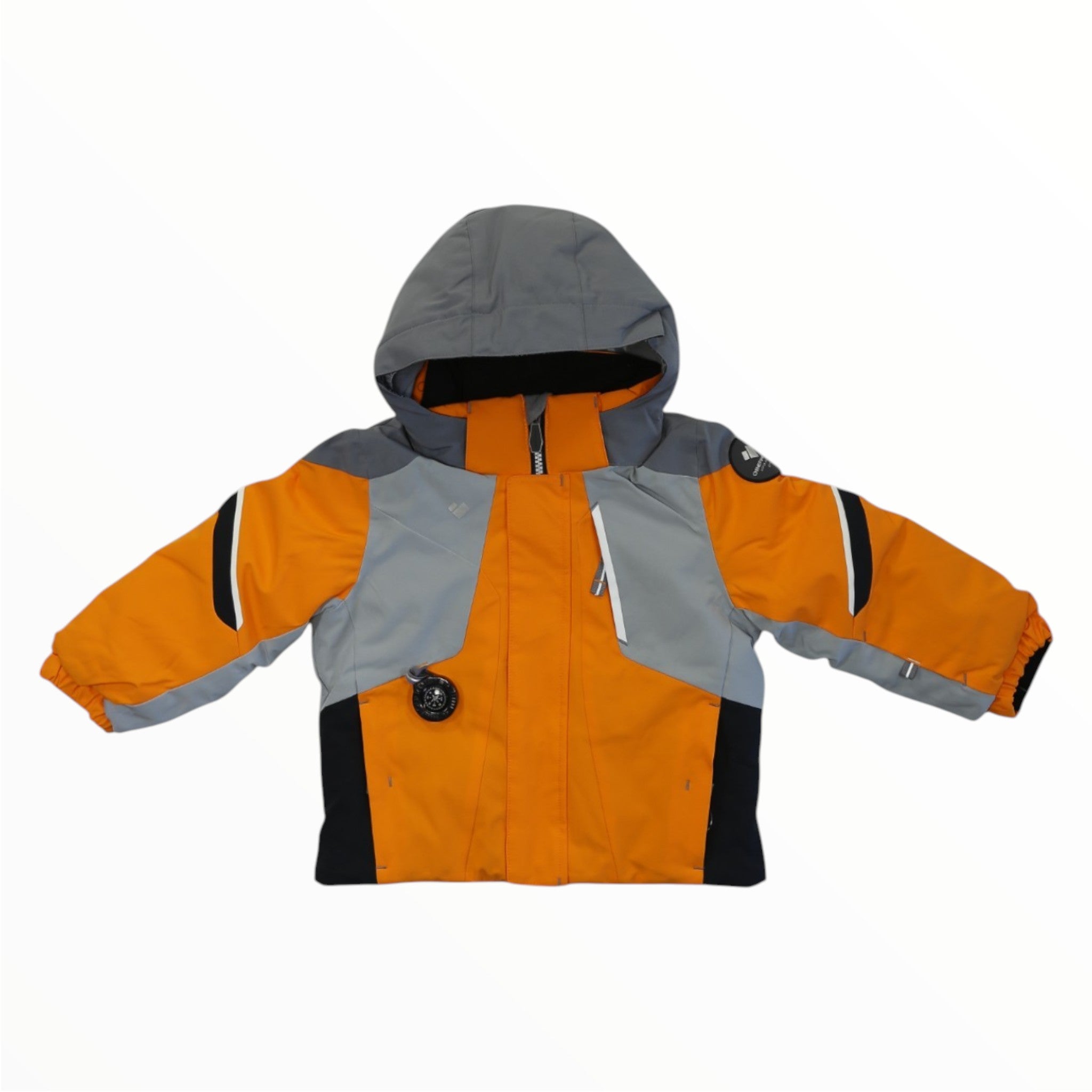 Boys hooded formation jacket in orange, gray, and black; front zipper and pockets