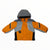 Boys hooded formation jacket in orange, gray, and black; front zipper and pockets