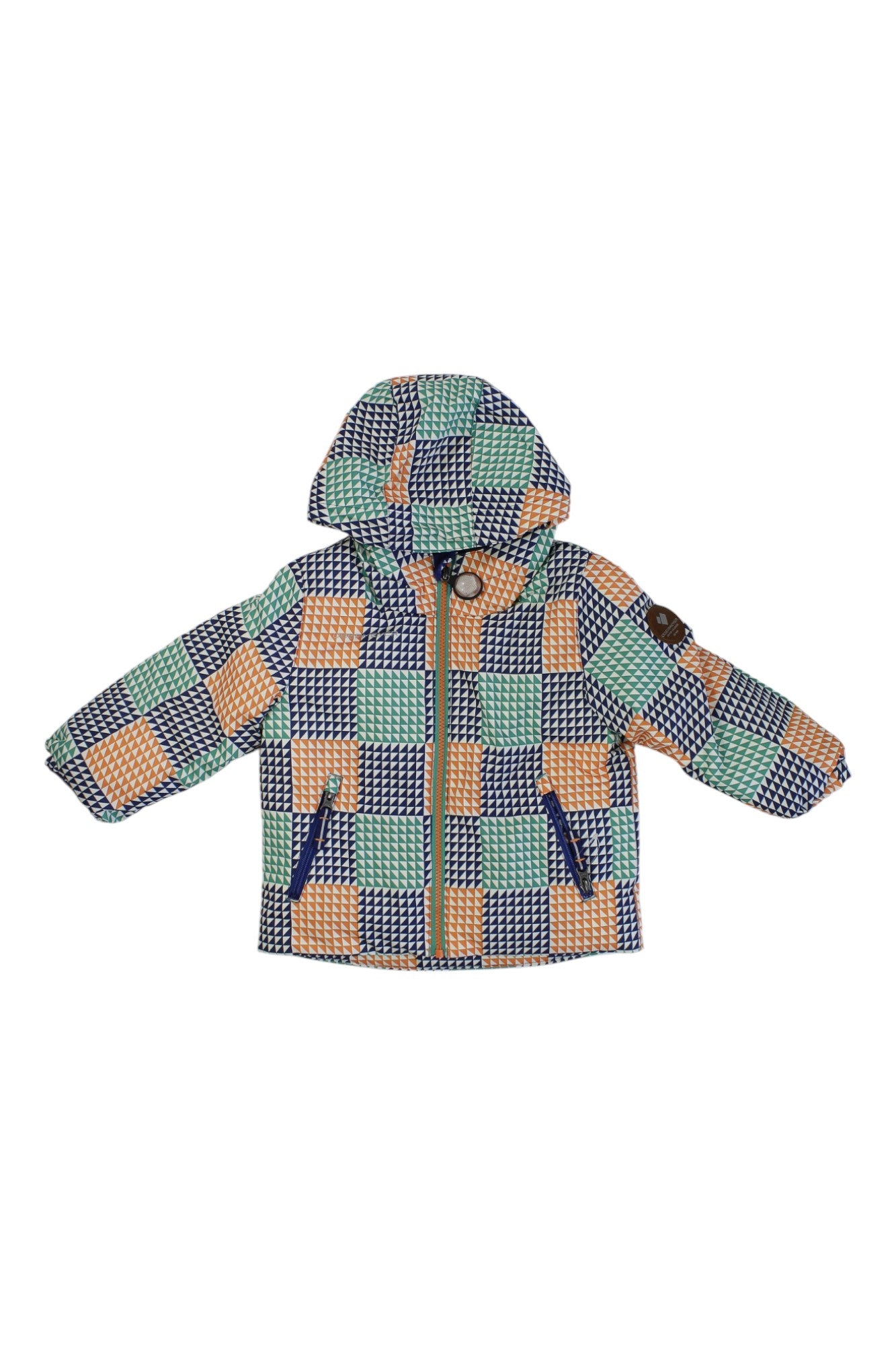 The Obermeyer Kids Ash Jacket is a water-resistant outdoor jacket for kids with a green, blue, orange, and white checkered pattern, hood, two front zip pockets, and secure zipper closure.