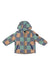 The Obermeyer Kids Ash Jacket is a water-resistant, hooded jacket with a zip front, green/orange/blue/white checkered pattern, two zippered pockets, and a patch on the left sleeve.