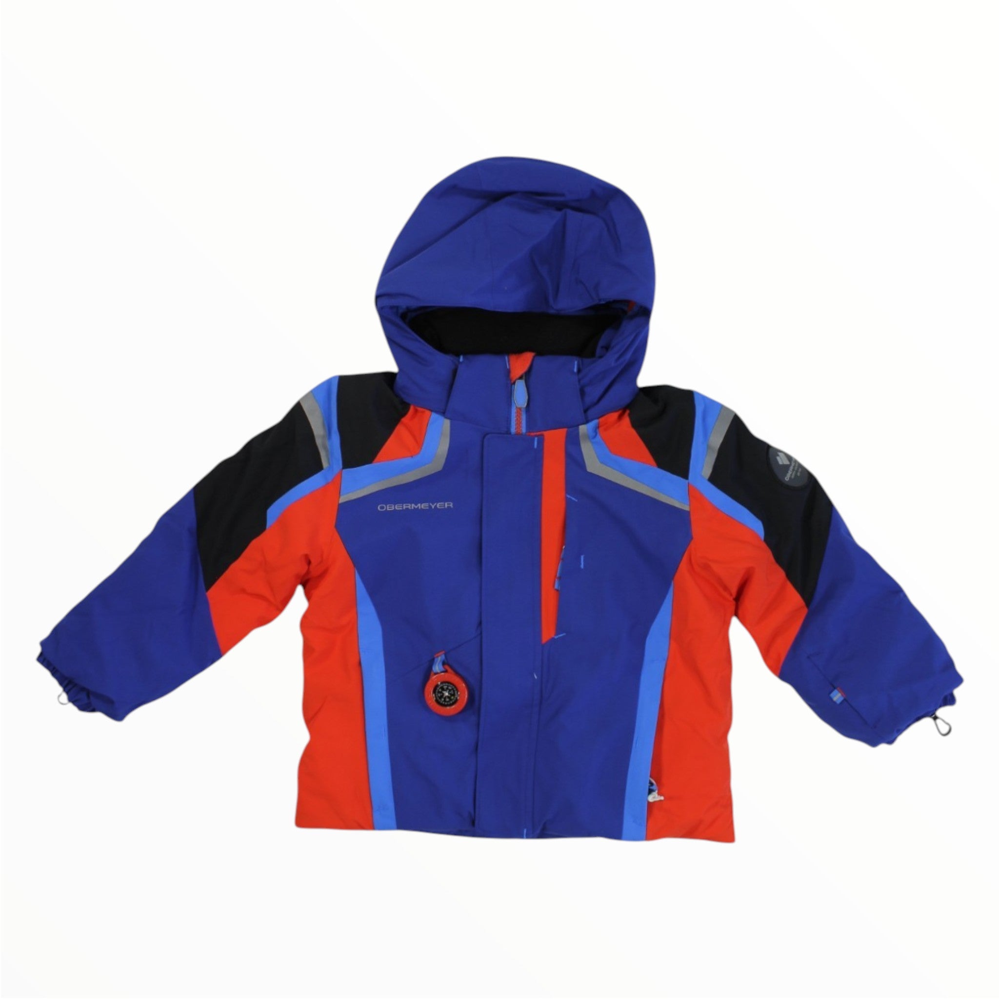 Boys hooded formation jacket in blue, red, and black; front zipper and pockets