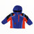 Boys hooded formation jacket in blue, red, and black; front zipper and pockets