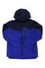 The Obermeyer Mens Chandler Shell Jacket is a blue and black water-resistant shell for men, featuring a front zipper, zippered chest pocket, upper sleeve patch, long sleeves, and a high collar.