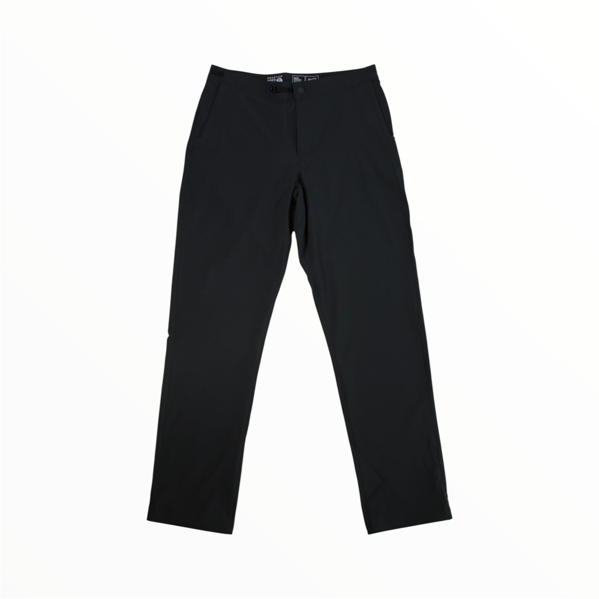 A pair of Mountain Hardwear Men's Chockstone Trail Pant, black straight-leg hiking pants with side pockets, laid flat on a white background.