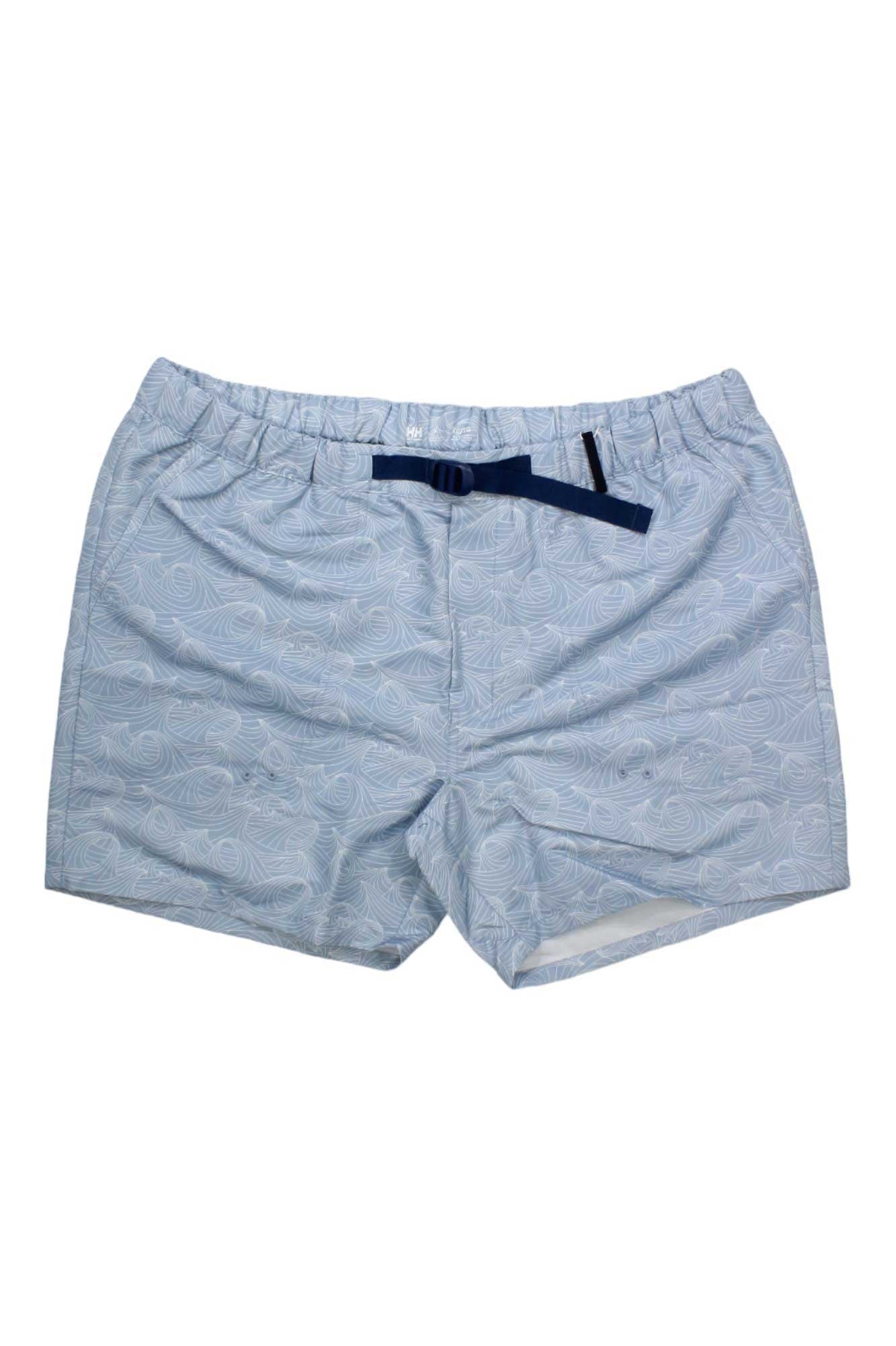 The Helly Hansen Men's Solen 6 Inch Printed Recycled Watershort features a light blue swirl pattern, elastic waistband, navy adjustable front belt, and UPF 50 protection for stylish coverage.