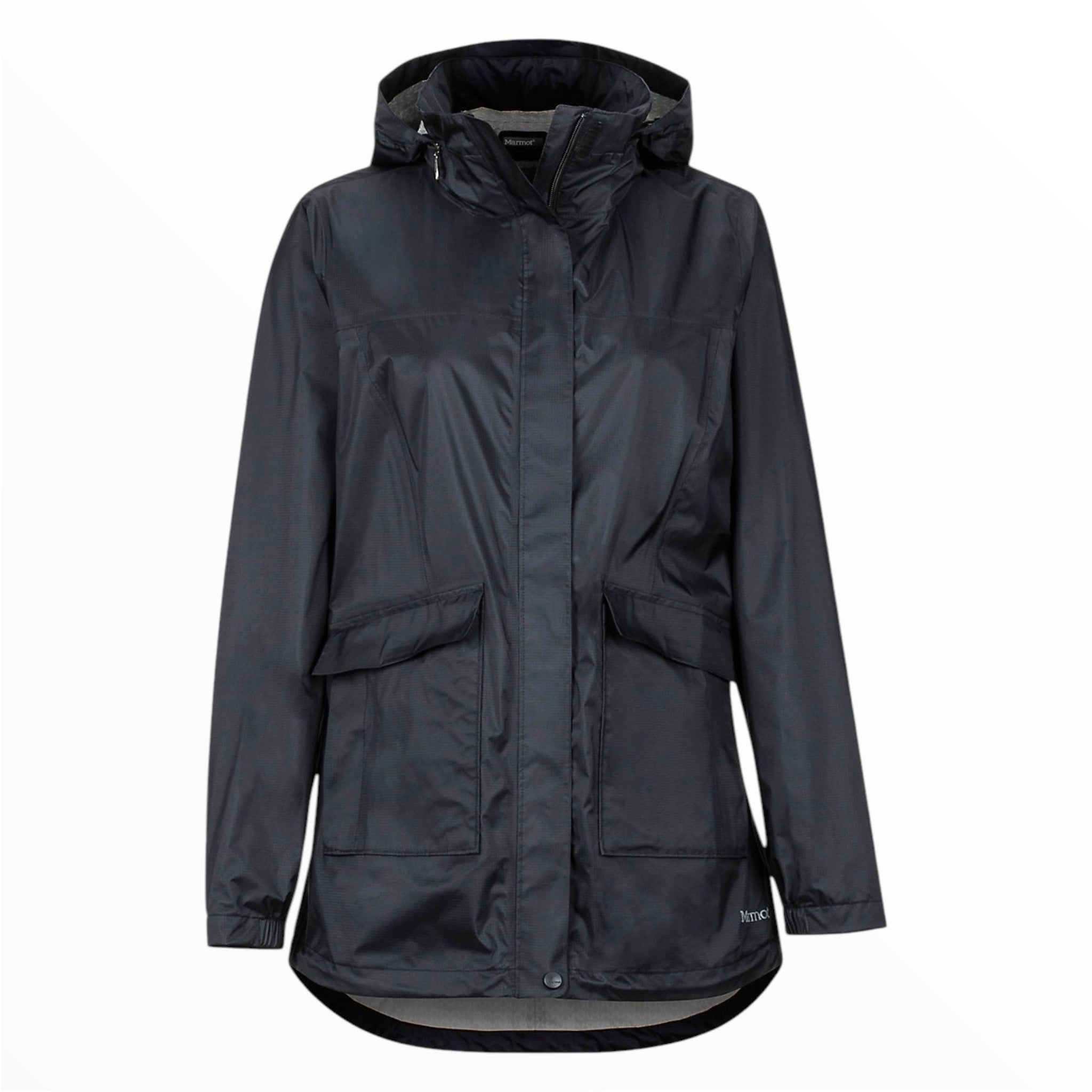 Women's dark hooded zip jacket with chest pockets and adjustable cuffs