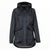 Women's dark hooded zip jacket with chest pockets and adjustable cuffs