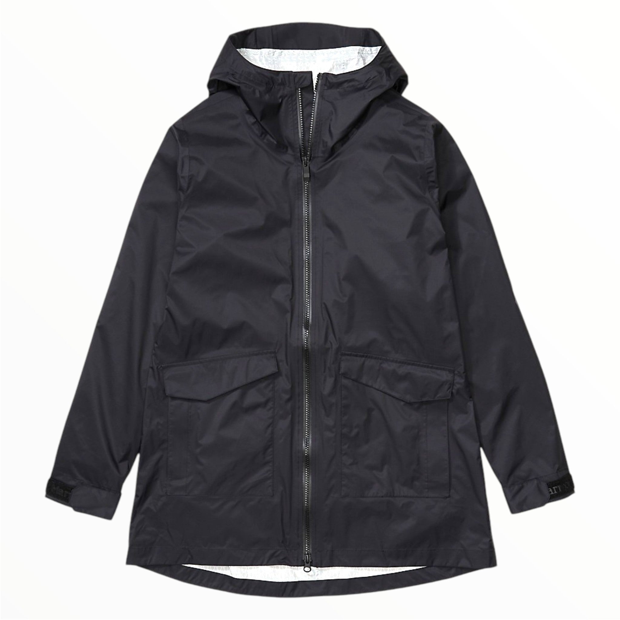 Women's black hooded zip jacket with chest pockets and adjustable cuffs