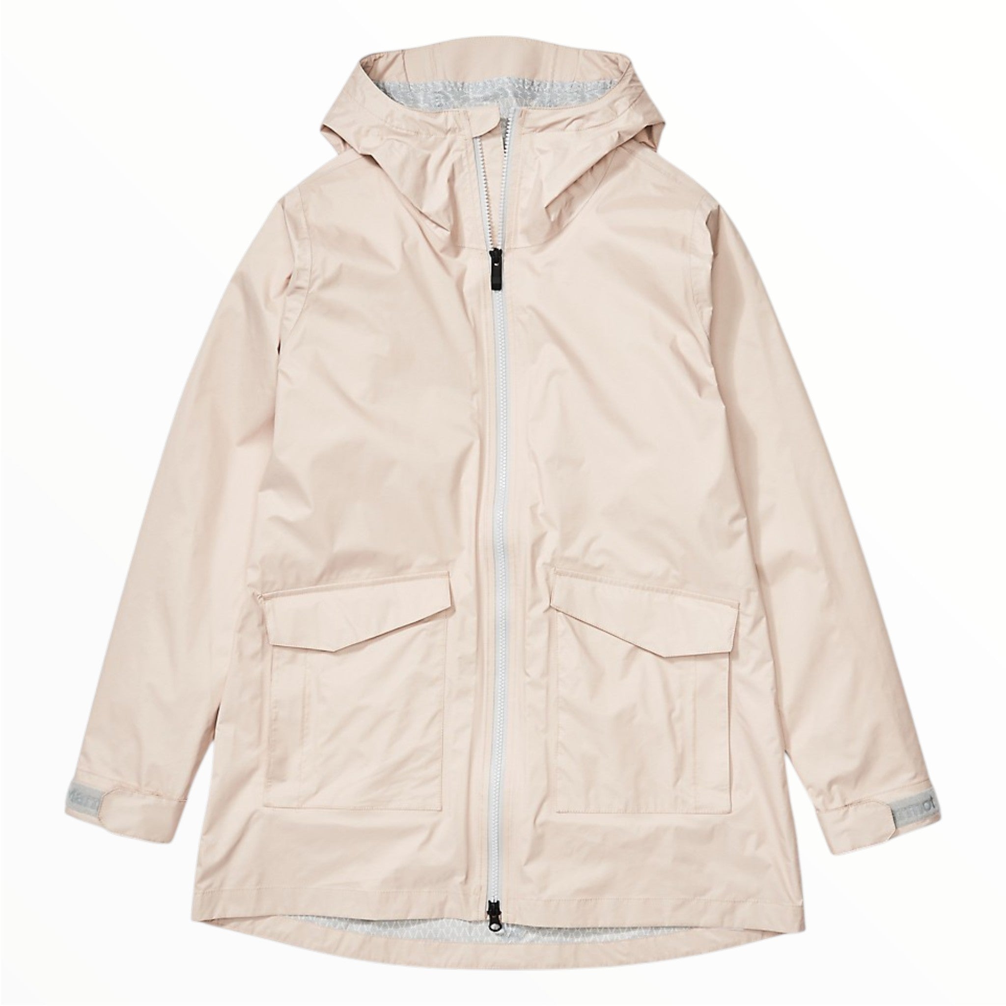 Women's light beige hooded zip jacket with chest pockets and adjustable cuffs