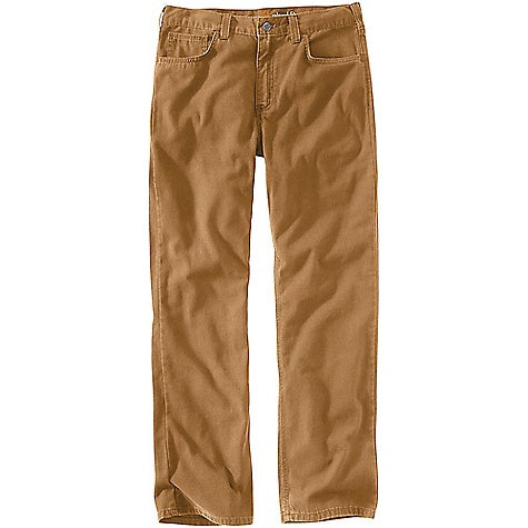 A pair of Carhartt Men's Rugged Flex Rigby Five-Pocket Pants in light brown or khaki, featuring a relaxed fit, straight leg, front and back pockets, button closure, and belt loops, is laid flat on a white background.
