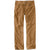 A pair of Carhartt Men's Rugged Flex Rigby Five-Pocket Pants in light brown or khaki, featuring a relaxed fit, straight leg, front and back pockets, button closure, and belt loops, is laid flat on a white background.