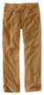 A pair of Carhartt Men's Rugged Flex Rigby Five-Pocket Pants in tan, with a relaxed fit and straight leg, featuring front and back pockets, lies flat on a white background.