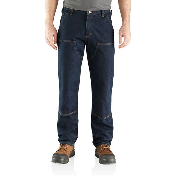 Double-front relaxed-fit dark blue denim jeans on model