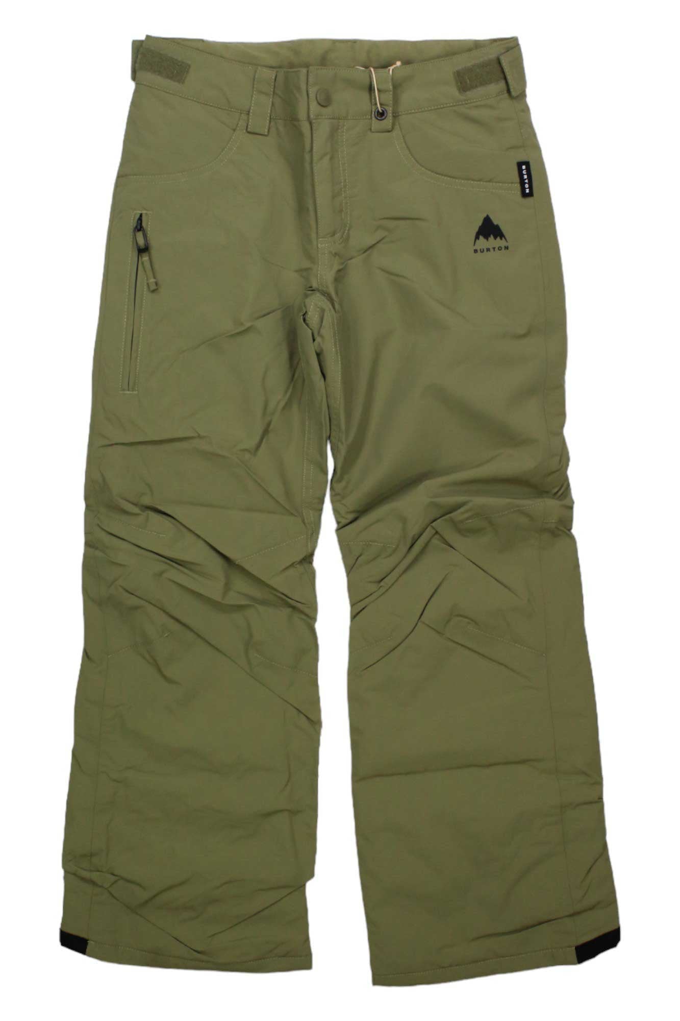 The Burton Boys Barnstorm Pant in olive green features multiple zippered pockets, belt loops, black mountain logo on the left thigh, reinforced knees, and an adjustable waistband—ideal winter outerwear for active kids who ski or snowboard.