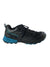 Men's trail shoe, black upper with teal outsole and logo detail