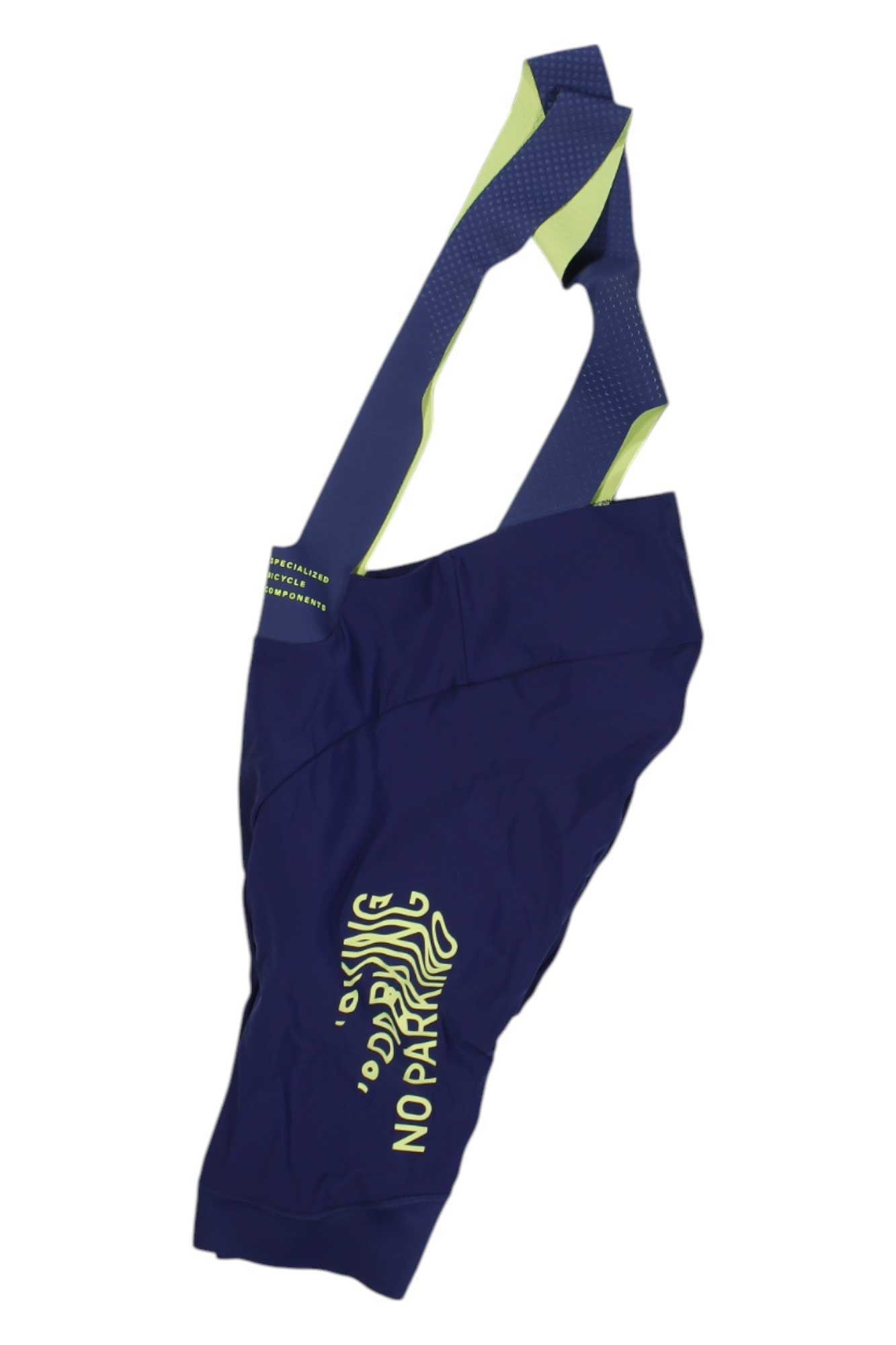 Womens cycling bib short in navy with lime accents and NO PARIS graphic on leg