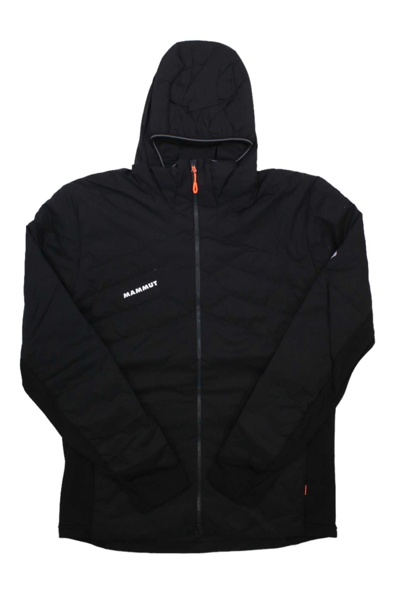 Men's black hooded jacket with orange zipper pull, quilted shoulders, and logo at chest