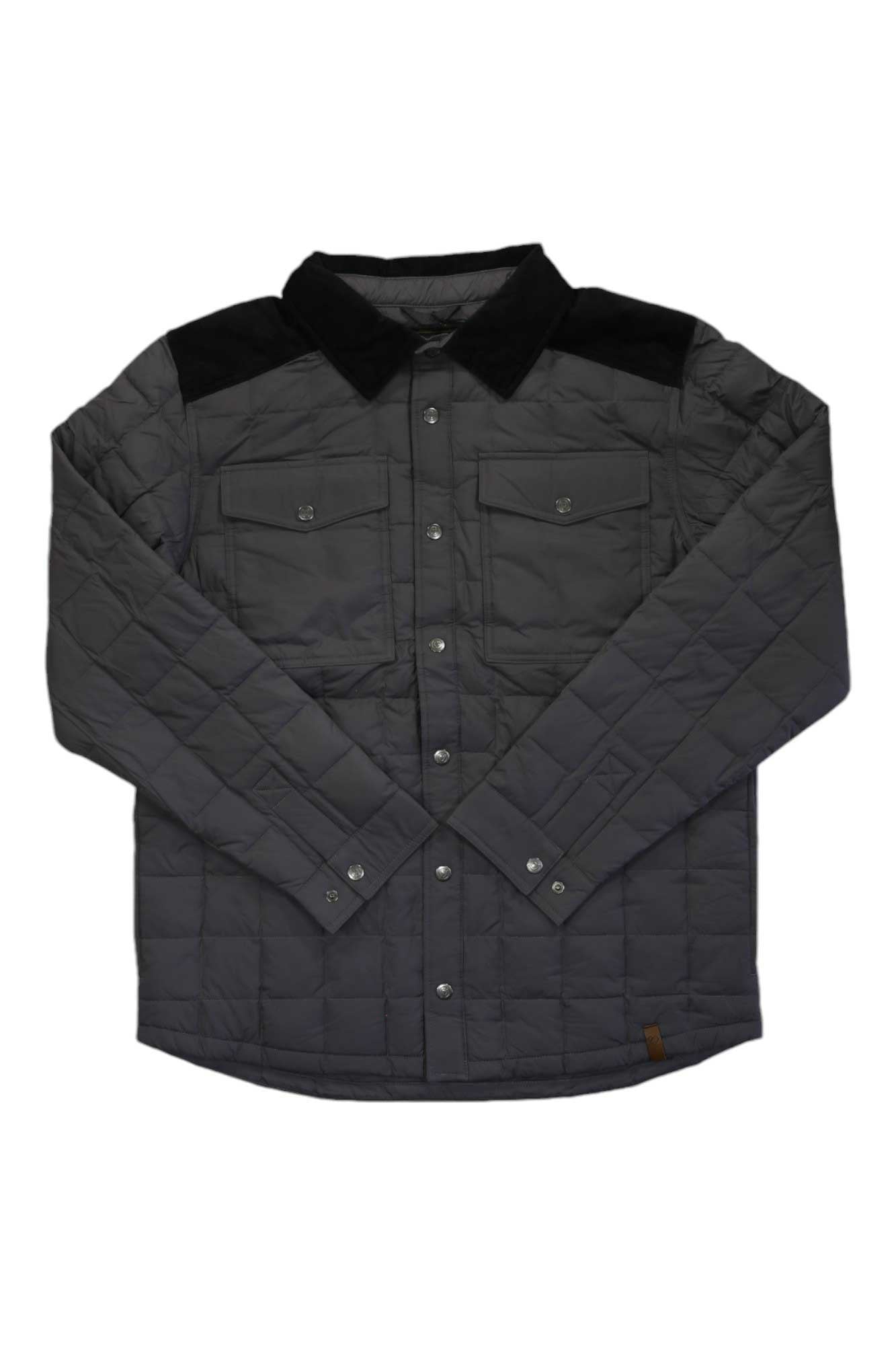 Men's quilted down shirt, dark charcoal gray, button-front, two chest pockets.