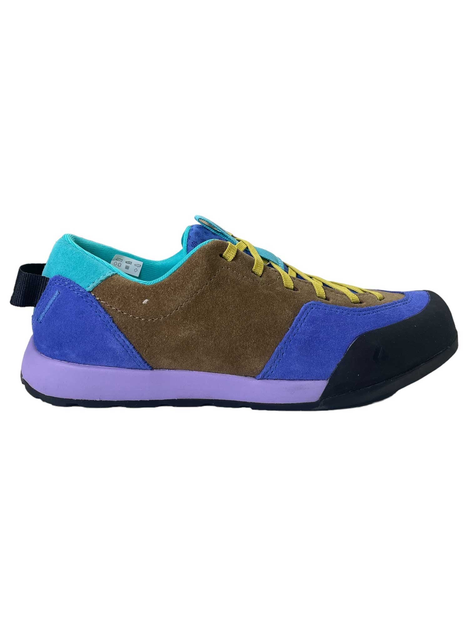 The Black Diamond Women's Prime Shoe is a colorful sneaker with premium suede sides, a turquoise heel, blue and purple details, yellow laces, a purple midsole, and a durable black rubber toe and sole.