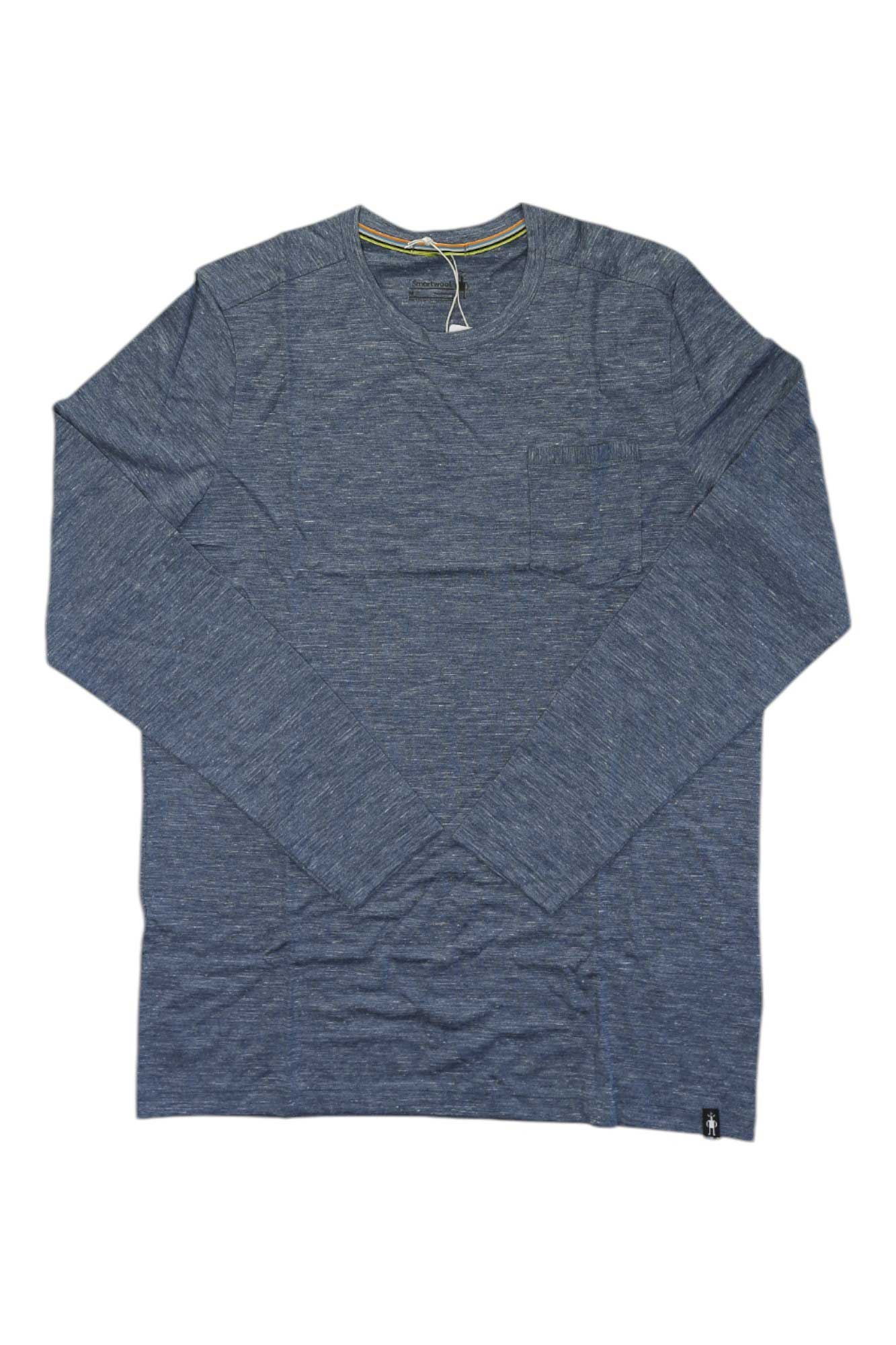 Men's blue heather merino long-sleeve pocket tee, laid flat, crew neck