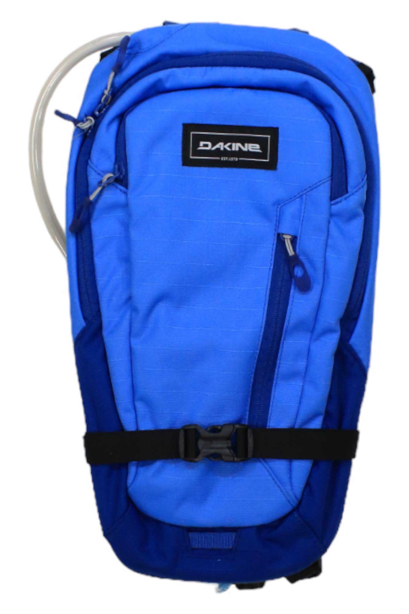 The Dakine Shuttle 6L Hydration Pack is a bright blue backpack made from recycled polyester, featuring a black buckle strap, zippered compartments, and a left hydration tube—ideal for mountain biking adventures.