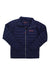 The Cotopaxi Mens Fuego Down Jacket is a navy blue, quilted puffer with long sleeves, a front zipper, and an orange Cotopaxi logo on the left chest.