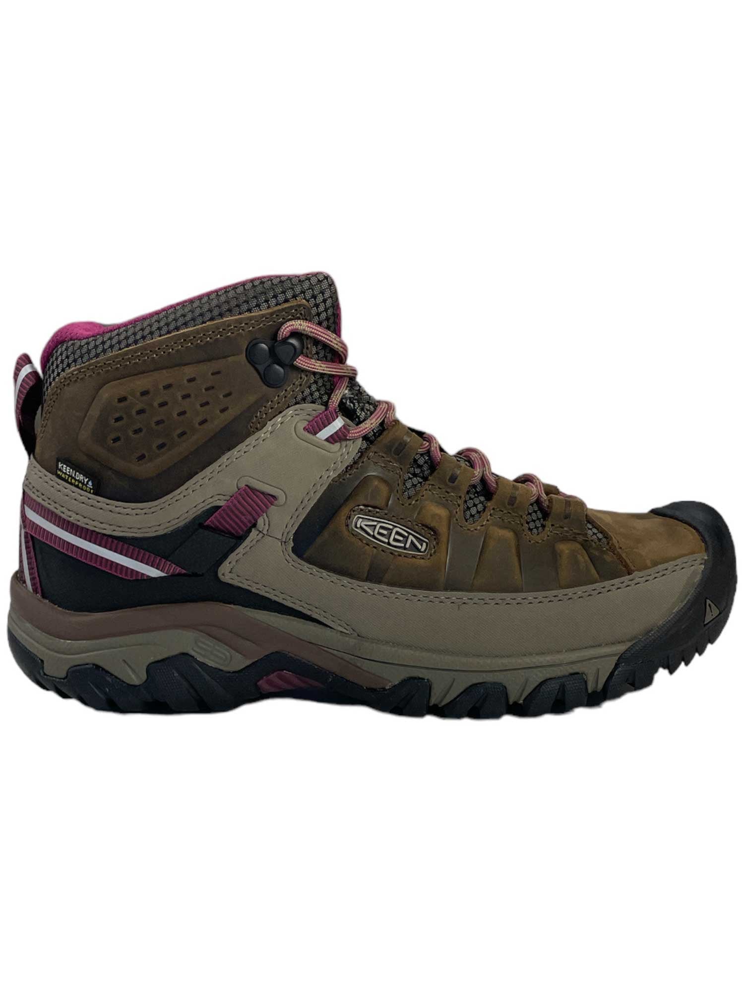 KEEN Targhee III waterproof boots with olive upper, black heel, and plum accents
