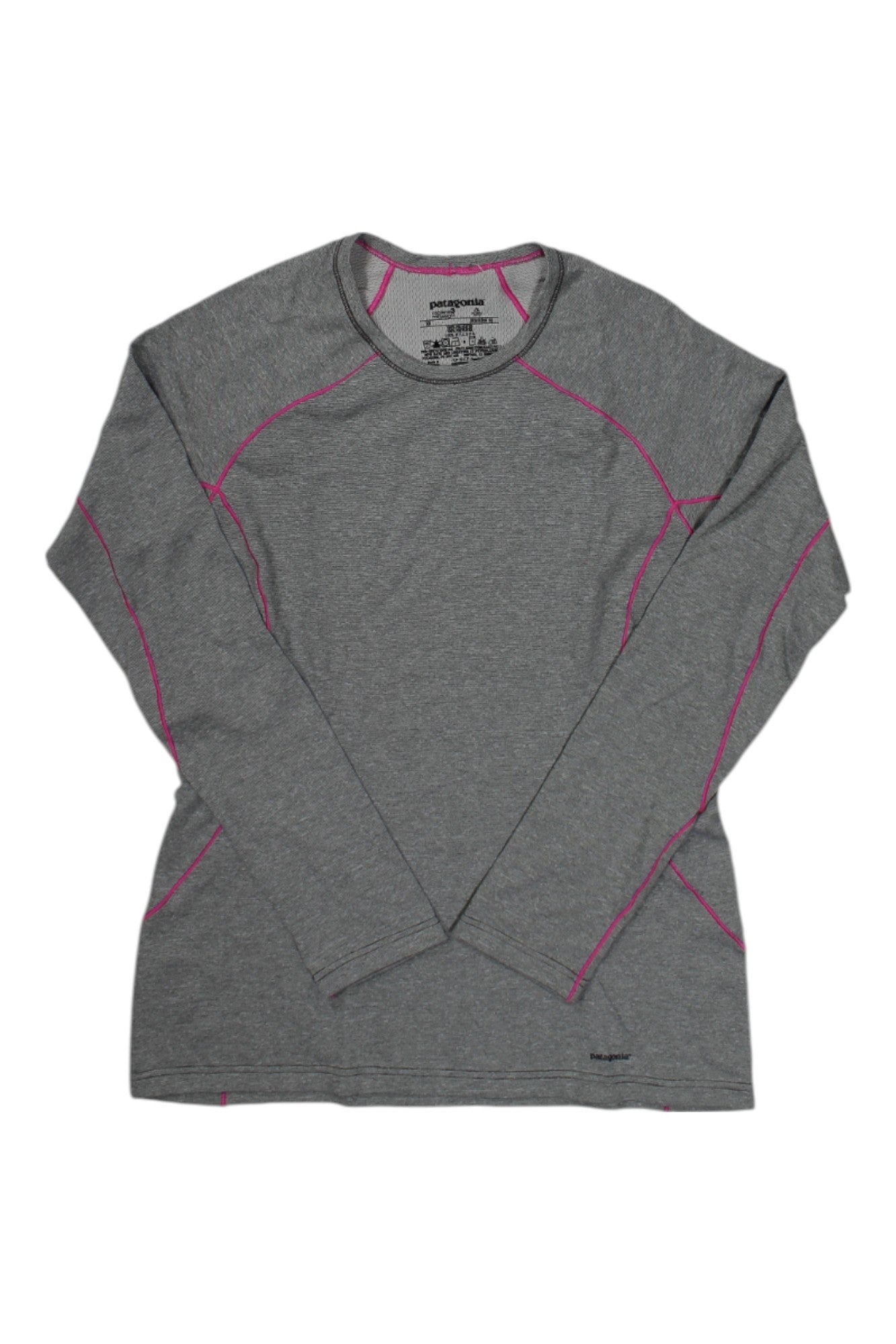 The Patagonia Women's Capilene 3 Midweight Crew is a gray, long-sleeved athletic shirt with pink stitching, made from stretchy double-knit fabric brushed for warmth, shown laid flat on a white background.