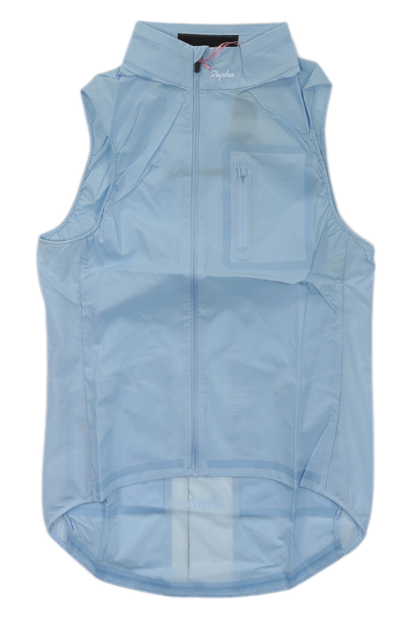 The Rapha Classic Gilet II is a light blue sleeveless cycling vest with a front zipper, high collar, zippered chest pocket, packable design, extended back hem, and lightweight wind- and water-resistant construction.